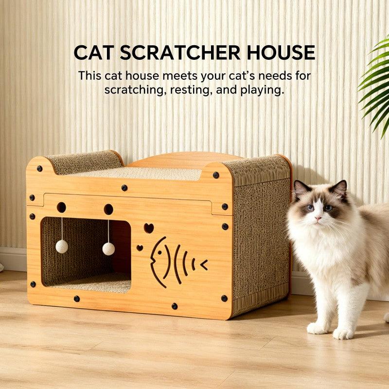 56cm Bubble Fish Shape Cat Scratcher Sofa, With 2 Teaser Balls, Wood