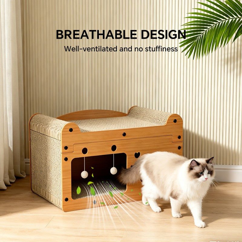 56cm Bubble Fish Shape Cat Scratcher Sofa, With 2 Teaser Balls, Wood